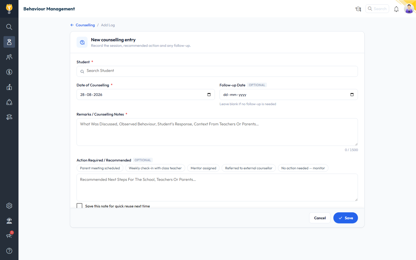 Add Log page — Student, Date of Counselling, Follow-up Date, Remarks / Counselling Notes, and Action Required fields