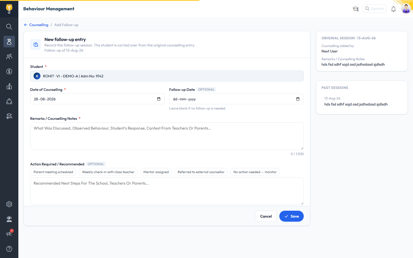 Add Follow-up page — student carried over from the original entry, with Original Session and Past Sessions summaries on the right