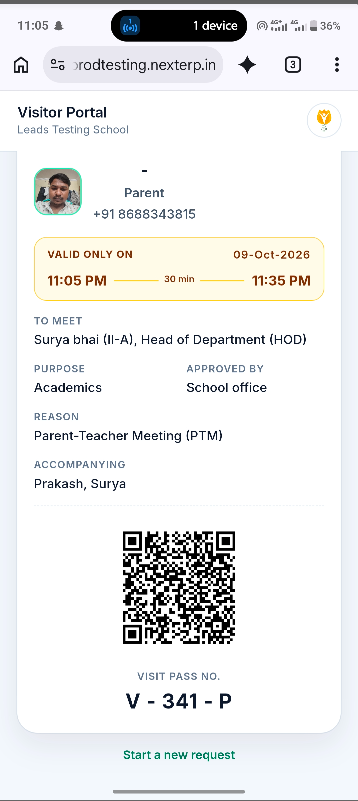 Approved Visit Pass shown to the visitor, with photo, validity window, who they are meeting, purpose, reason, and the pass QR code