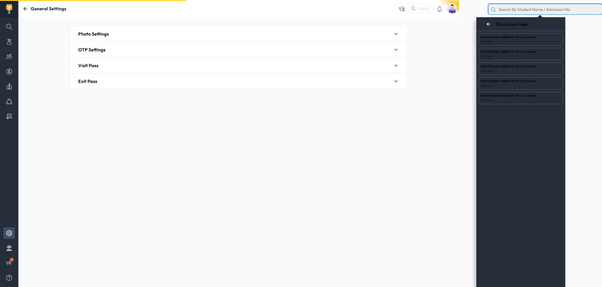 General Settings page listing Photo Settings, OTP Settings, Visit Pass, Exit Pass