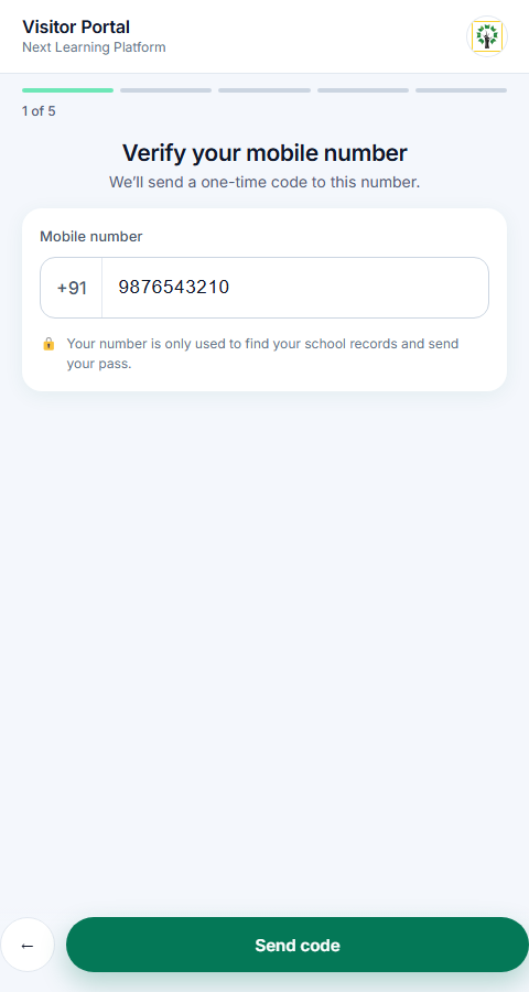 Verify your mobile number screen, step 1 of 5