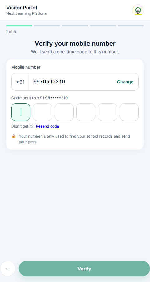 One time code entry screen after tapping Send code