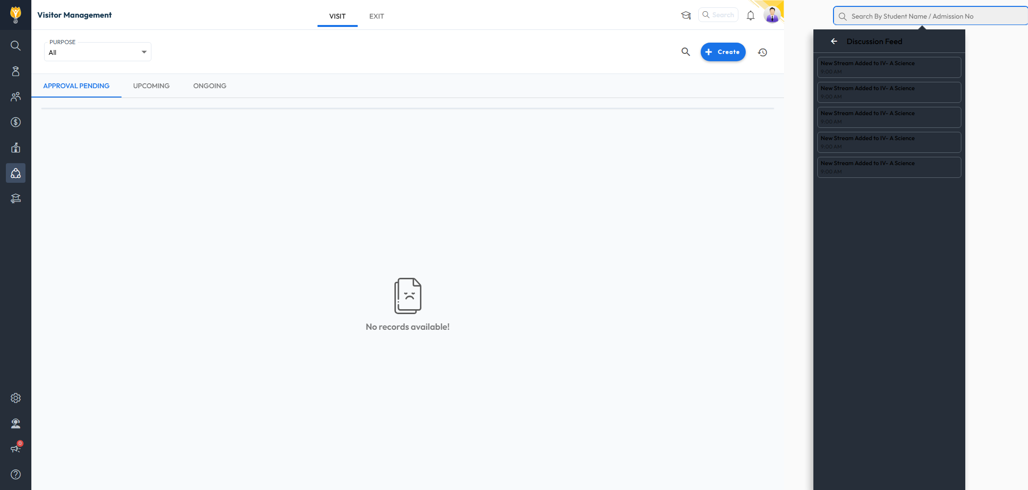 Visitor Management screen, Approval Pending tab where admin reviews visit requests