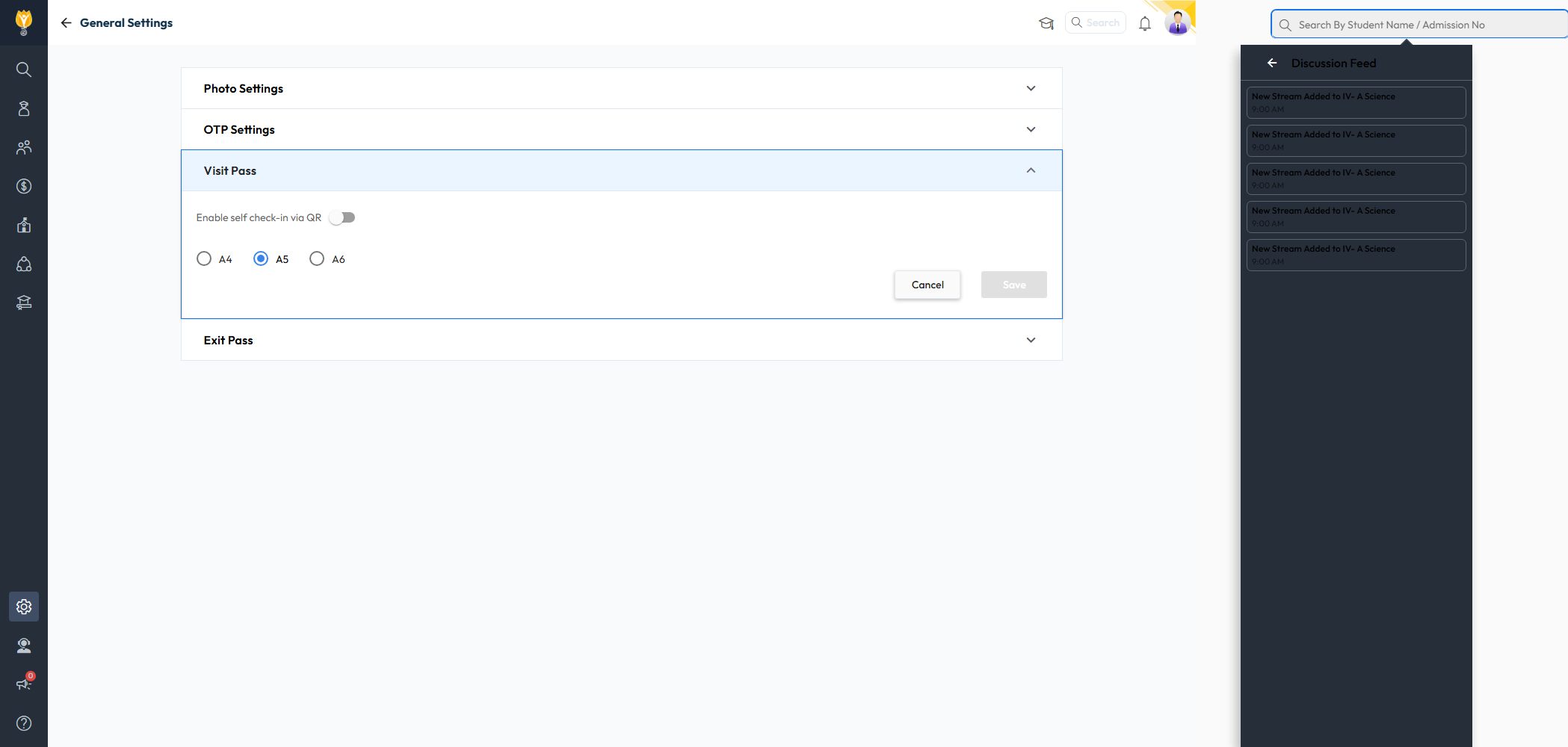 Visit Pass section expanded, QR check-in toggled off, pass size options A4/A5/A6